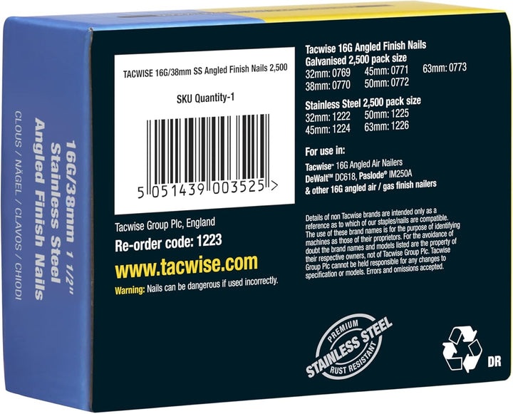 Tacwise 1223 Typ 16G/38mm gewinkelte Edelstahl Nägel, 2.500 Stück 1 stück (2500er Pack), 1 stück (25