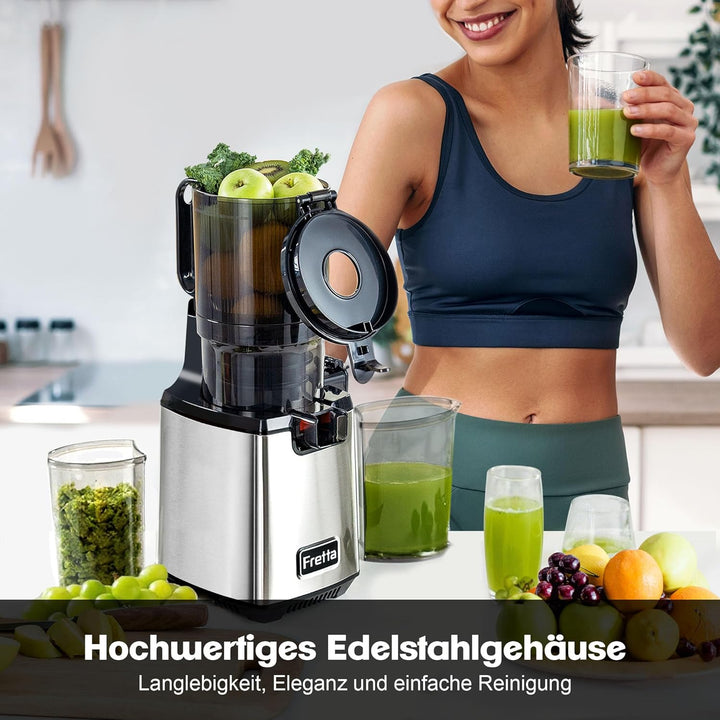 Fretta Entsafter Slow Juicer, Edelstahl Entsafter Gemüse und Obst Testsieger, 135MM Öffnung & 1,8L J