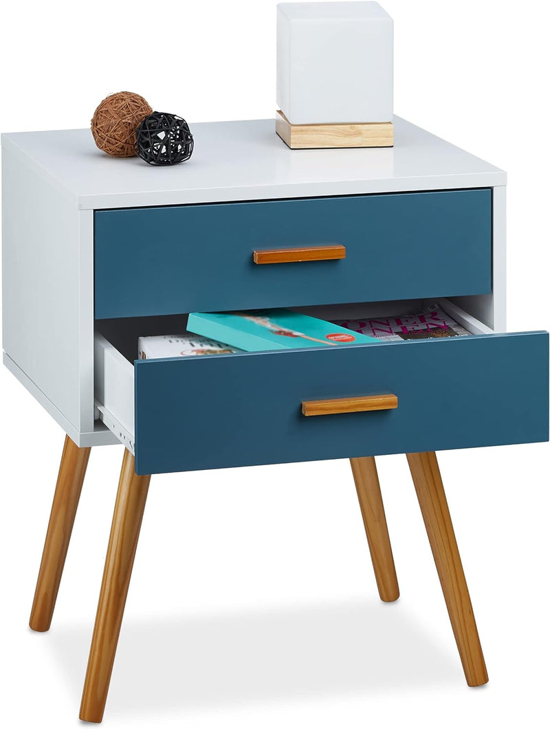 Relaxdays Beistellschrank Skandinavisches Design, 2 Schubladen, Retro HBT: 58 x 41 x 48 cm, matt lac