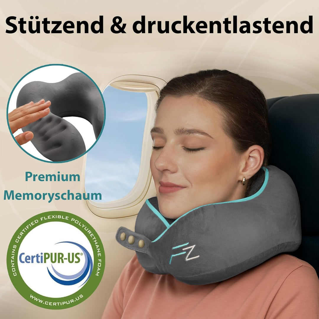 FLOWZOOM® Comfy Nackenhörnchen Nackenkissen Flugzeug & Auto Reise-Kissen aus Memory-Foam mit schmale