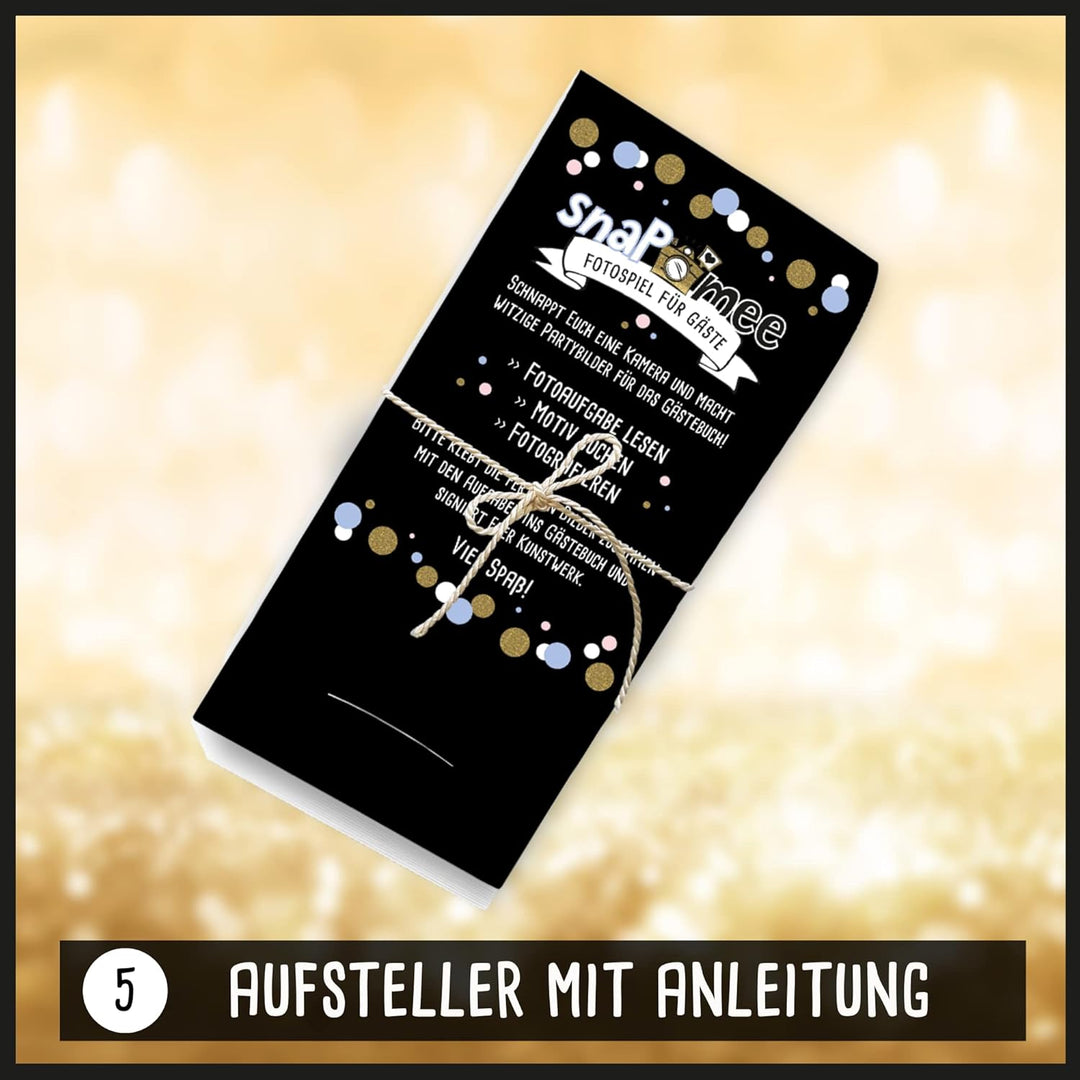 Fotospiel Set Party by snaPmee - Fotoaufgaben, Hardcover-Gästebuch (21x21cm), Stift, Sticker, Aufste
