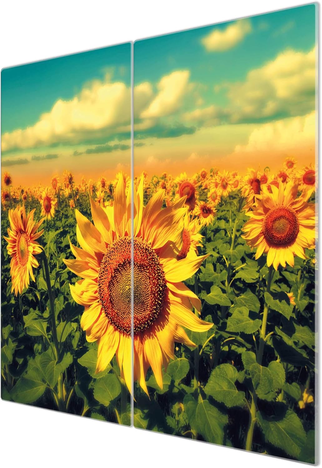 banjado® Herdabdeckplatte Glas 2-teilig je 30x52 cm/Schneidebrett Herdabdeckung mit Motiv Sonnenblum