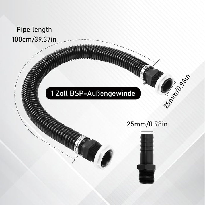 1 Zoll (25mm) Regentonnen Verbindungsset inkl. 100cm Verbindungsschlauch und 2 Schlauchstutzen 25mm