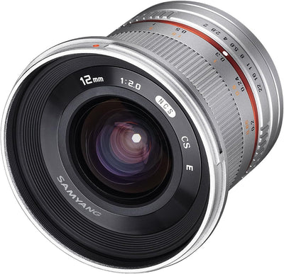 Samyang 12mm F2.0 MFT silber - Weitwinkel Festbrennweite für Micro Four Thirds Anschluss, manueller