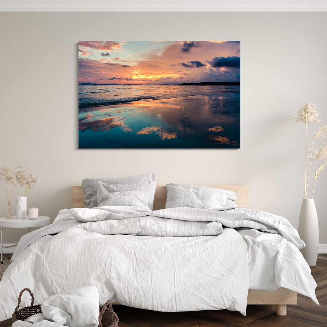 Printed Paintings Leinwand (80x60cm): Landschaftsbilder Sonnenuntergang über hell-blaues Wasser 80x6