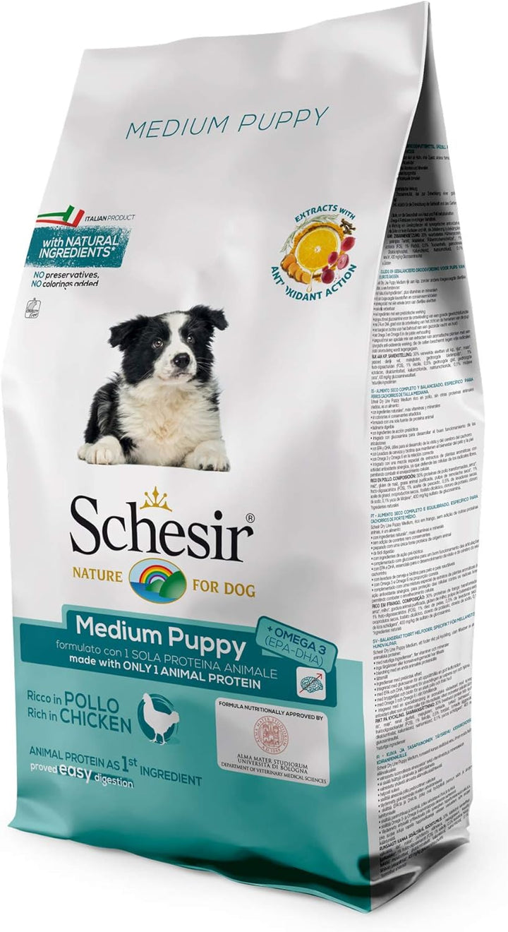 Schesir Dog Medium Puppy Huhn, Hundefutter trocken für Welpen mittelgrosser Rassen, Beutel, 12 kg Me
