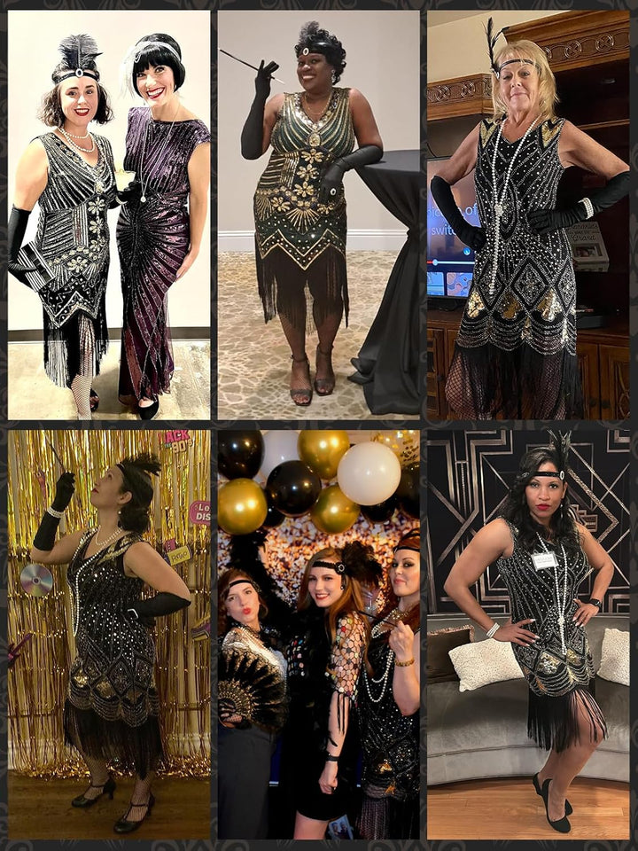 PLULON 1920er-Jahre-Flapperkleid mit Pailletten, Perlen und Fransen, Set mit 20er-Jahre-Accessoires,