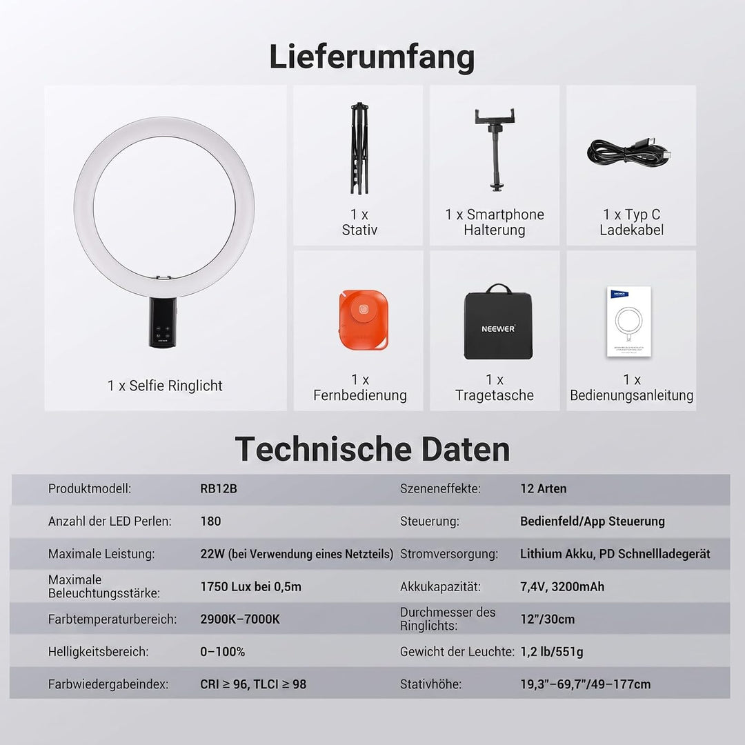 NEEWER 12" Selfie Ringlicht mit App Steuerung/Fernbedienung/Stativ, 3200mAh, zweifarbige LED, CRI 95