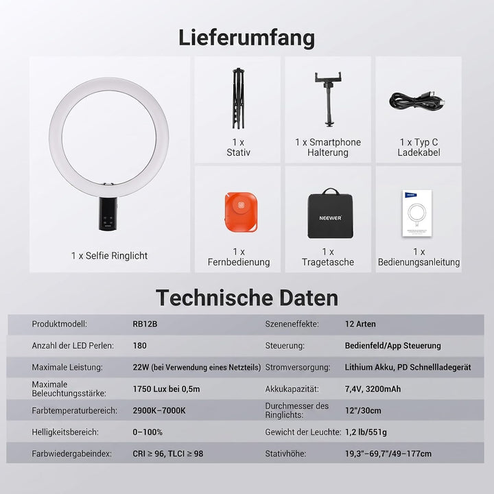 NEEWER 12" Selfie Ringlicht mit App Steuerung/Fernbedienung/Stativ, 3200mAh, zweifarbige LED, CRI 95
