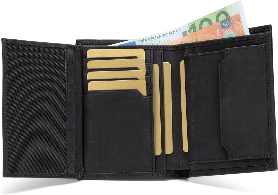 SERASAR | Leder Geldbörse Herren [Vintage] mit RFID Schutz | Schwarz | Echtleder | 12 Kartenfächer |