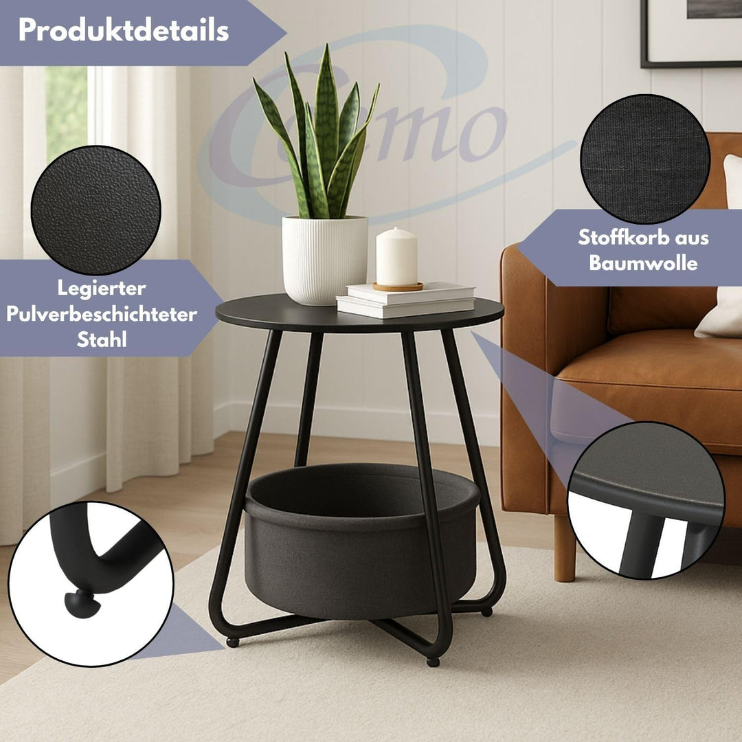 Coemo Couchtisch KOSI Schwarz aus Metall Ø 45 x 45 cm mit Aufbewahrungskorb Canvas, Beistelltisch ru