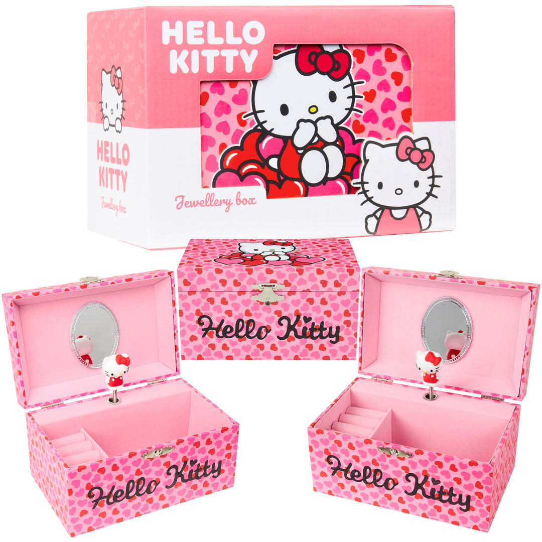 Hello Kitty Schmuckkästchen Mädchen mit Spieluhr Spiegel Schmuckschatulle Kinder für Ringe Ohrringe