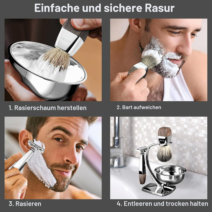 GRUTTI Vintage Deluxe Rasierset：Nassrasier-Set mit Magnet-Schale, Edelstahl Bürstenständer& Anti-Rut