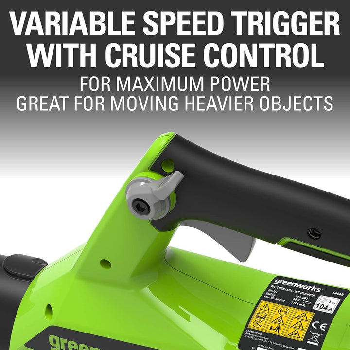 Greenworks G40ABK2 Axial Laubbläser mit Tempomat, 177 km/h, 11,05 m³/min, 40V 2Ah Batterie & Ladeger