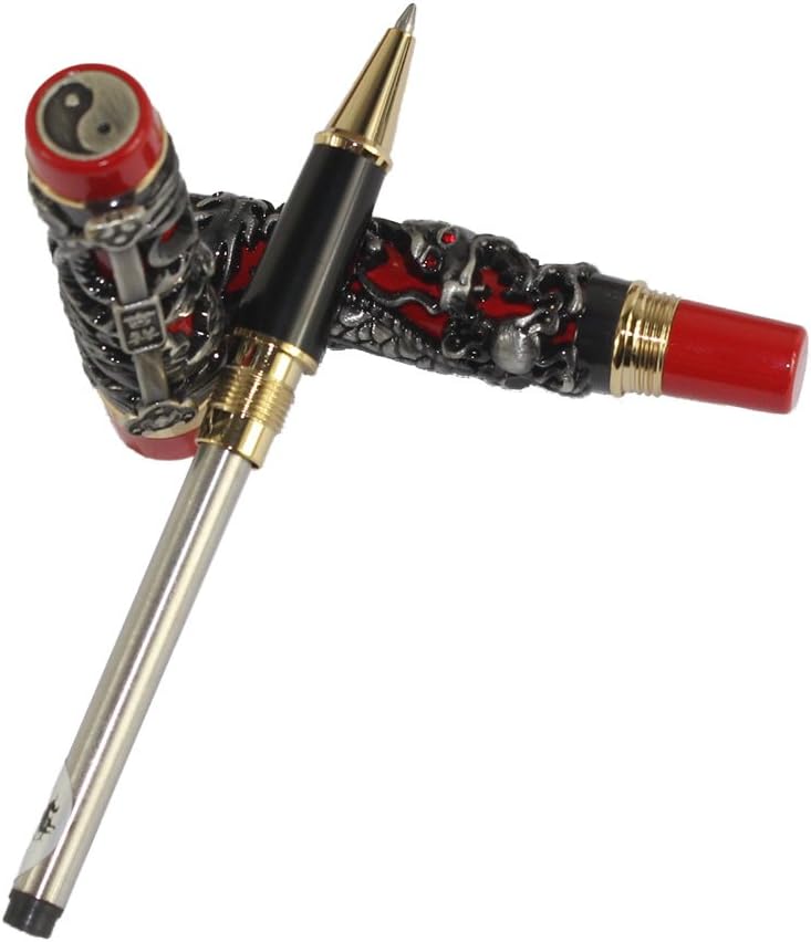 Gullor Edelste Drache und Phoenix Rollerball mit PU-Leder-Feder-Beutel - Antik Silber und Rot Antiqu