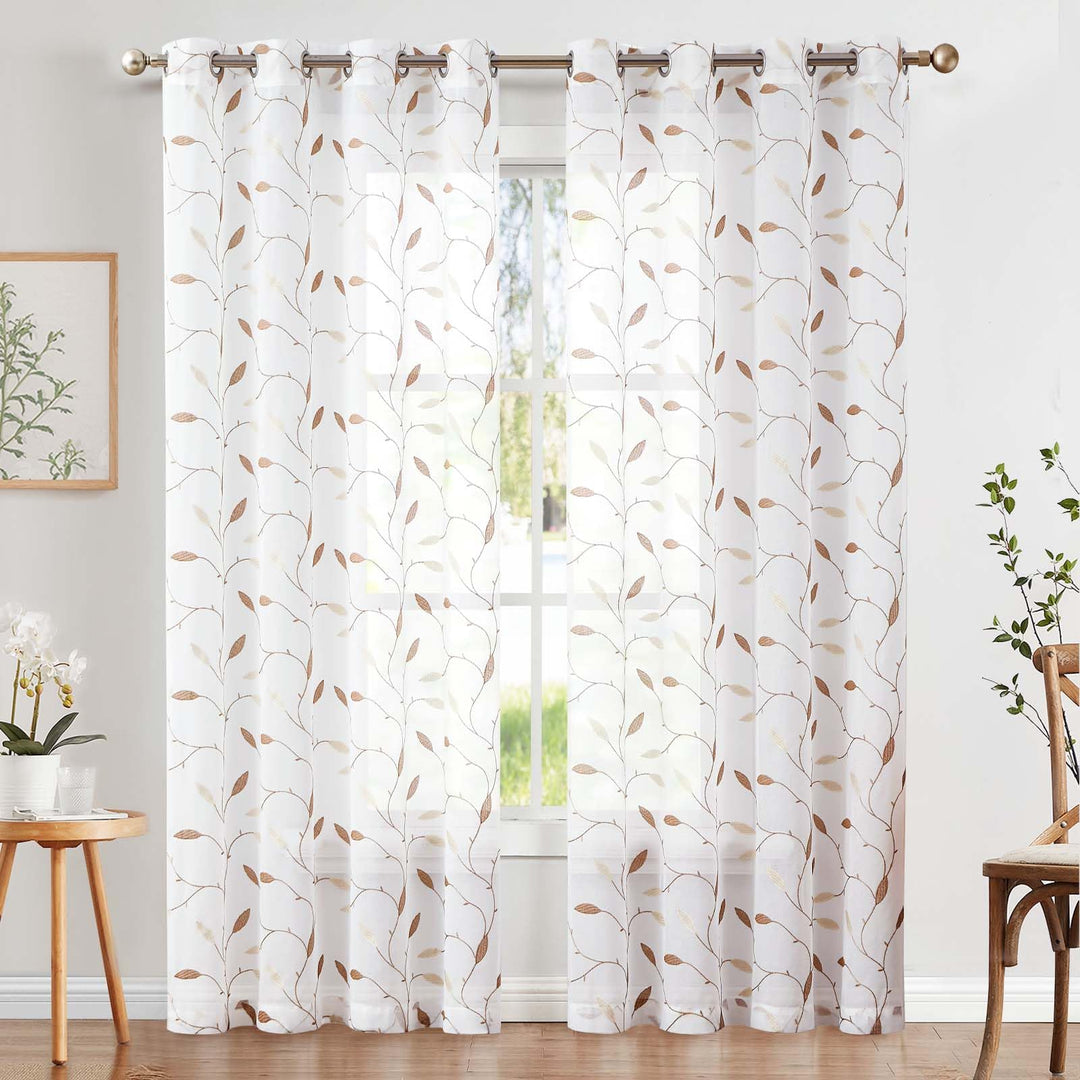 TOPICK Sheer Vorhang Voile Gardinen mit Ösen Blätter Stickerei lichtdurchlässig Ösenschal Gaze Paari