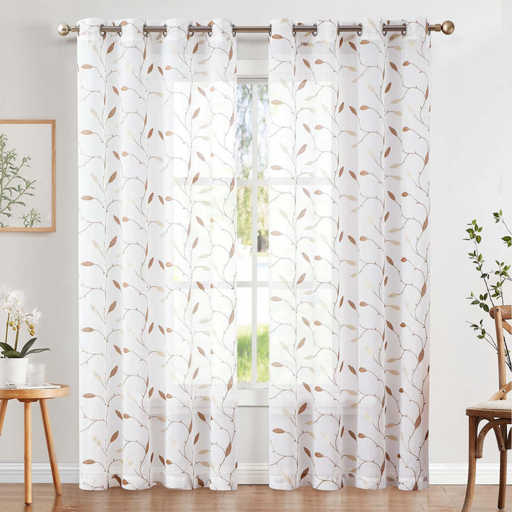 TOPICK Sheer Vorhang Voile Gardinen mit Ösen Blätter Stickerei lichtdurchlässig Ösenschal Gaze Paari