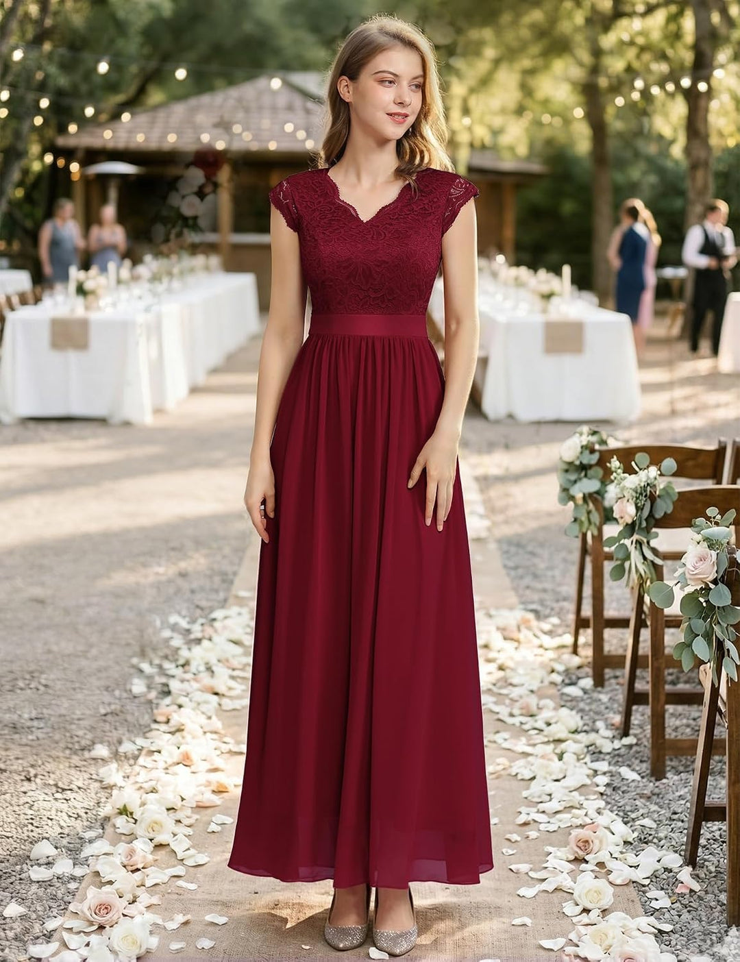 Dressystar Damen Spitzenkleid Elegant Hochzeit Abendkleider Maxi Cocktailkleid XL Band_darkred, XL B