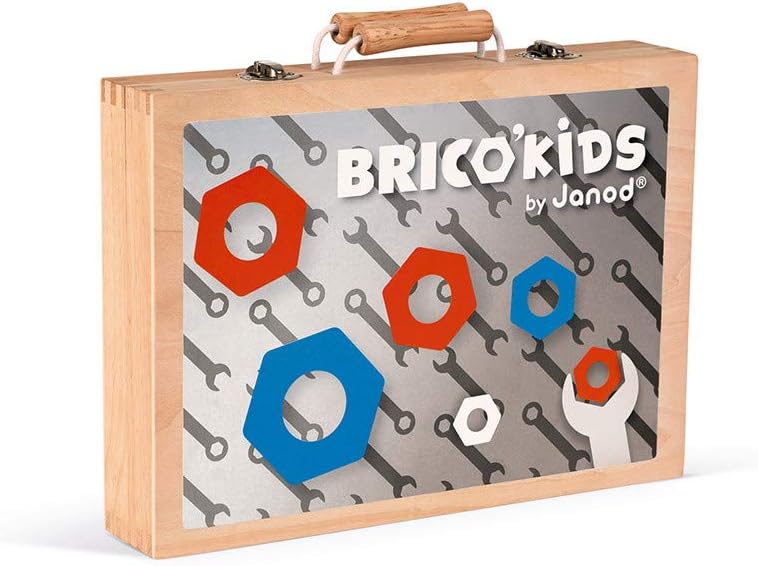 Janod - Brico'Kids Werkzeugkasten, Holz-Werkzeug für Kinder, Spielzeugnachbildung, mit 9 Teilen, ab