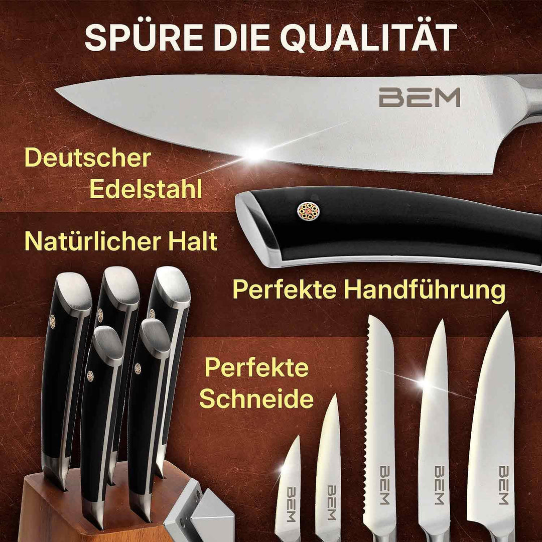 BEM 6-tlg. Küchenmesser Set aus Edelstahl Messerset mit Messerblock inkl. Chefkochmesser, Aufschnitt