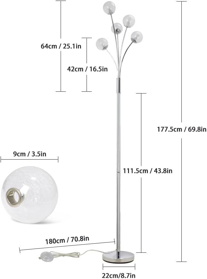 Depuley LED Stehlampe 5 Flammig Stehleuchte Wohnzimmer, Modern Stehlampe Schlafzimmer mit Glas Kugel