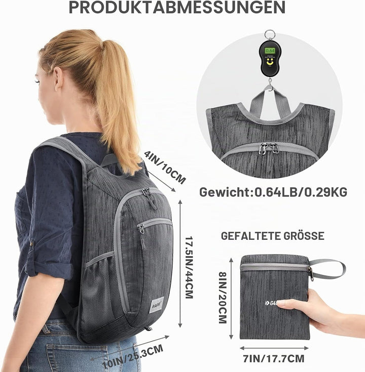 G4Free 10/15/20L Faltbarer Rucksack Klein, Wanderrucksack Leicht, Tagesrucksack Damen Herren für Wan