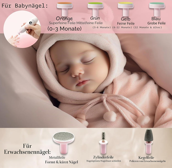 Wiederaufladbarer Baby-Nageltrimmer 22 in 1, elektrische Nagelfeile, zusätzliche 13 Ersatzstücke, Ba