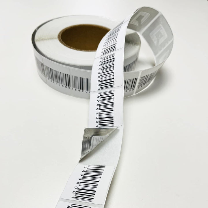 RF-Klebeetiketten 40x40 mm mit Barcode, Rollenetiketten 1000 o 2000 Stück, Anti-Diebstahl-Etiketten