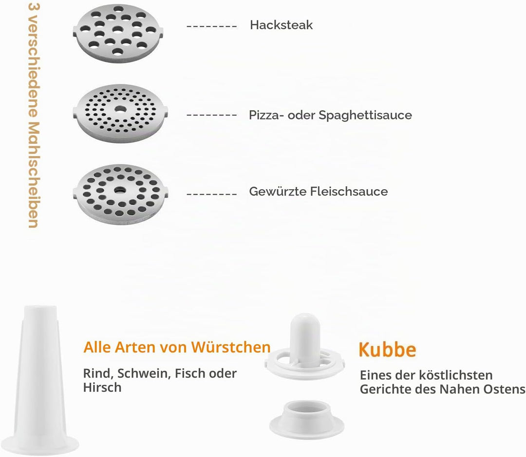 Elektrischer Fleischwolf 2000W, Wurstfüller Multi Küchenmaschine, Wurstmacher mit 3 Mahlplatten und