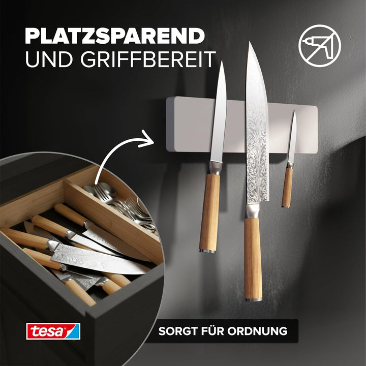 tesa Küchenzubehör Messer-Magnetleiste - selbstklebender Magnet-Messerhalter für die platzsparende A