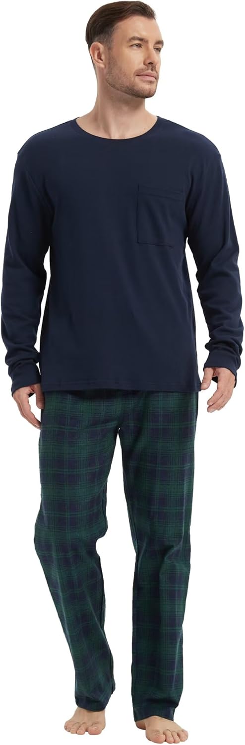 GLOBAL Herren Schlafanzüge Flanell Herren Pyjama Set Baumwolle Langarm-Pullover Oberteil und elastis