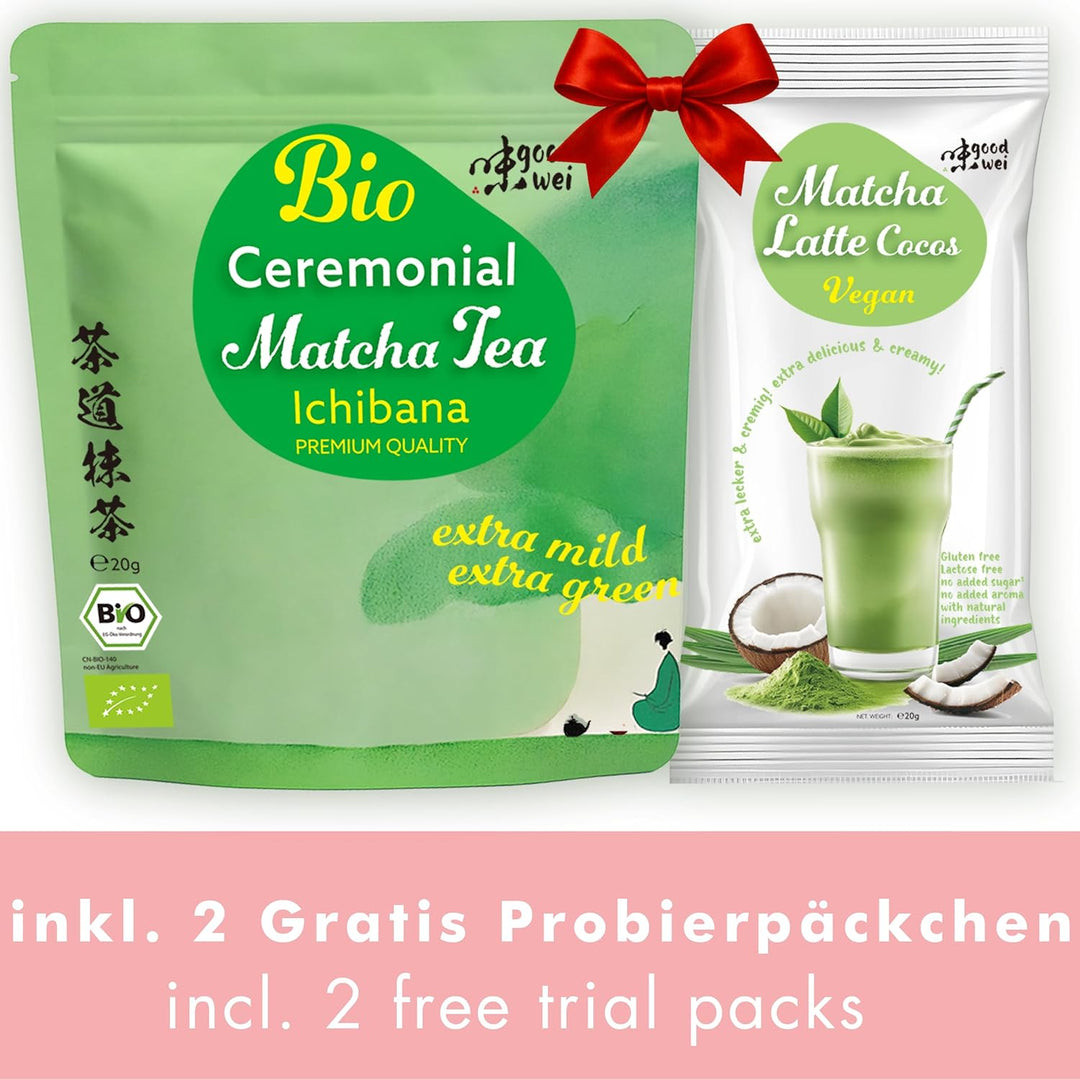Goodwei Matcha Set mit Tee - Matchaschale Chawan aus Keramik, 80er Matchabesen, passendem Besenhalte