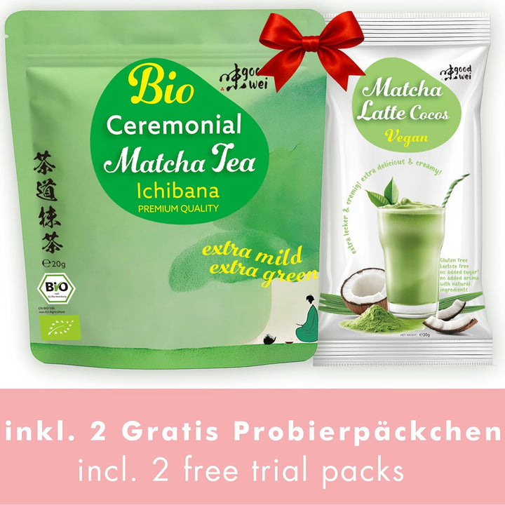Goodwei Matcha Set mit Tee - Matchaschale Chawan aus Keramik, 80er Matchabesen, passendem Besenhalte