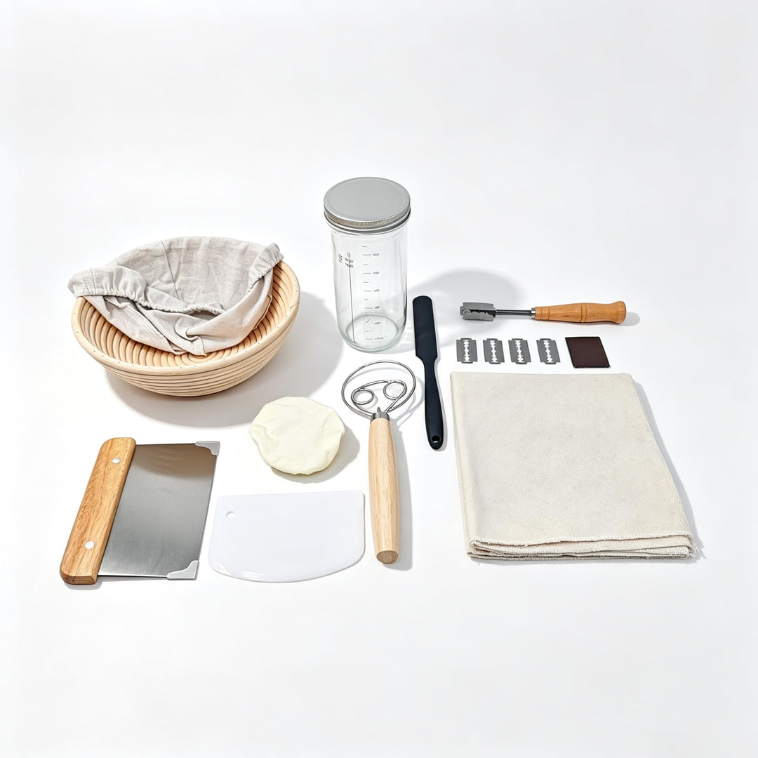 GoodHarvest Sauerteig Starter Set: Premium Komplettset mit Rattan-Gärkörbchen, 600ml Starterglas, Br