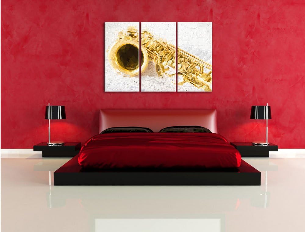Pixxprint Saxophon auf Notenpapier als Leinwandbild/Grösse: 3 Teilig (120x80 cm) cm/Wandbild/Kunstdr