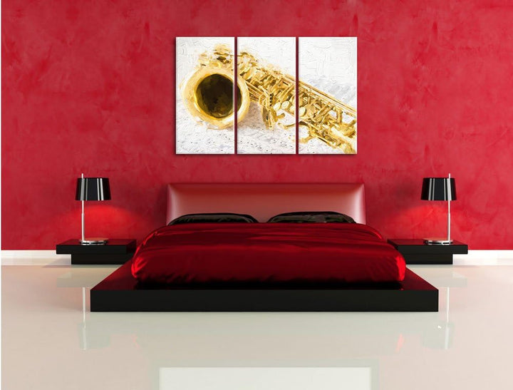 Pixxprint Saxophon auf Notenpapier als Leinwandbild/Grösse: 3 Teilig (120x80 cm) cm/Wandbild/Kunstdr