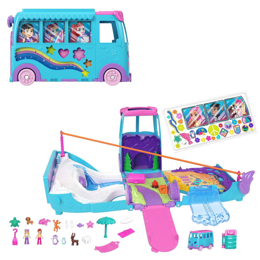 Polly Pocket-Mikropuppen und umwandelbarer Camper, mit Accessoires wie Haustieren und Spielzeugauto,