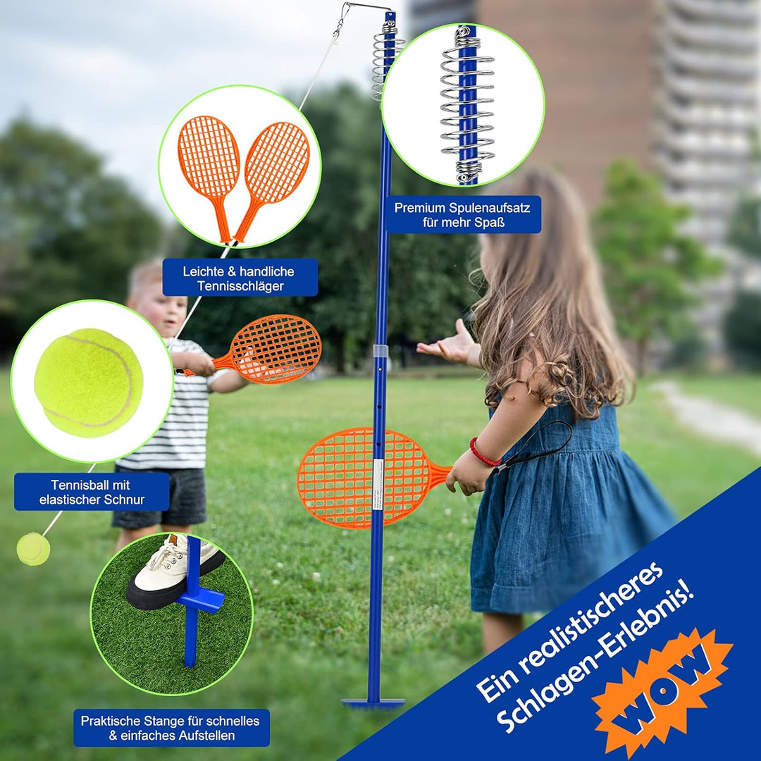 GYMAX Tetherball Set, 3-stufig höhenverstellbares Twistball Set, inkl. 1 Tennisball & 2 Schlägern &