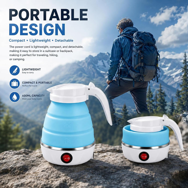 Faltbarer Wasserkessel, 0.6L Wasserkocher Faltbarer, 600W Reisewasserkocher mit Edelstahlboden &amp; Sch