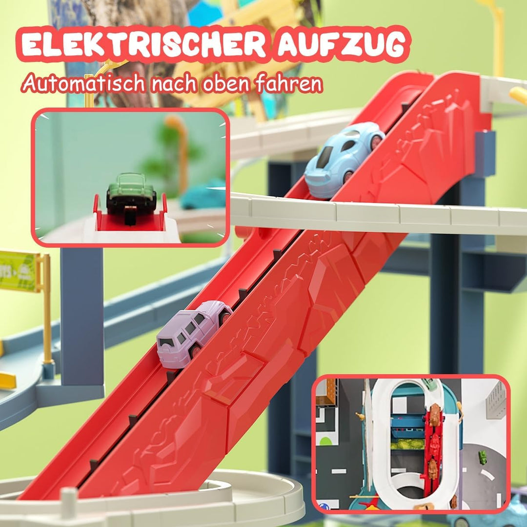 Dinosaurier Spielzeug Rennstrecken Spielset mit 7 Ebenen 8 Autos, Autorennbahn Parkhaus Garage City
