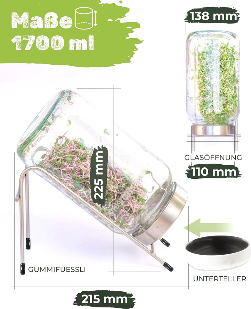 biosprosser Sprossenglas Set 1700ml mit Geschenkset - Bio Fitness-Mix & Power-Mix & Detox-Mix je 75g