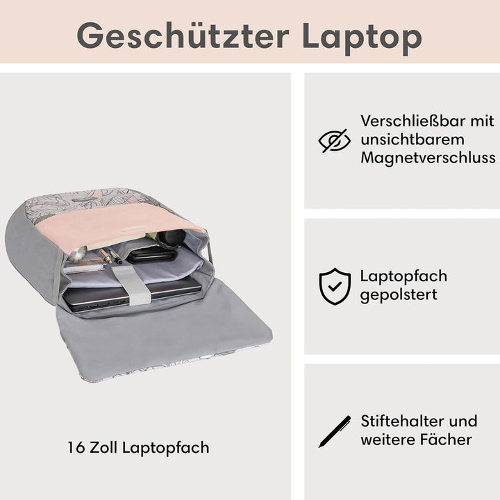 LARKSON Rucksack Damen Klein Muster Blumen - Ronja - Moderner Tagesrucksack mit Laptopfach für Uni B