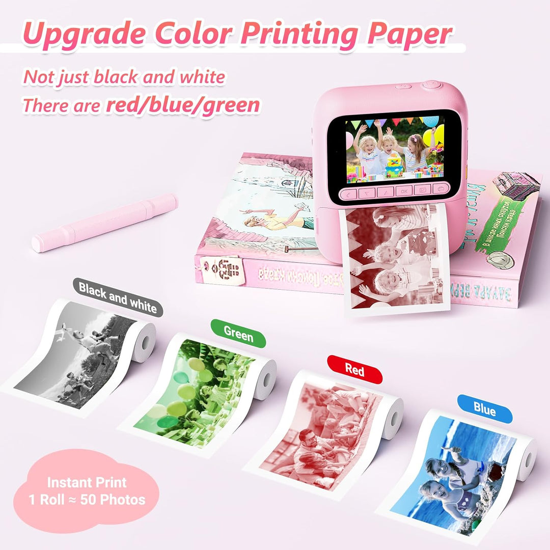 Sofortbildkamera für Kinder,1080P Kinderkamera mit 5 Rollen Druckpapier,32GB-Karte und Farbstiften,T
