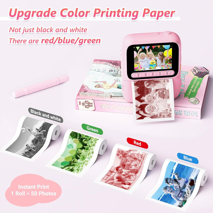 Sofortbildkamera für Kinder,1080P Kinderkamera mit 5 Rollen Druckpapier,32GB-Karte und Farbstiften,T