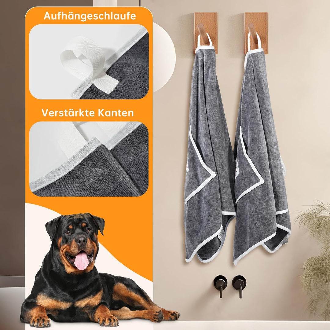 100x50cm Hundehandtuch, 2 Stück Hundehandtuch Extra Saugfähig mit Griffaschen, Mikrofaser-Handtücher