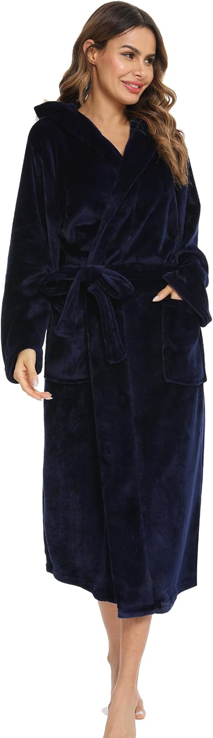 Vlazom Damen Winter Bademantel Flanell mit Kapuze Langärme Morgenmantel Saunamantel Flauschiger Robe