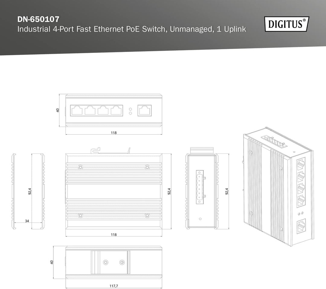 DIGITUS PoE Netzwerk-Switch - 5-Port Fast Ethernet - DIN-Rail Montage - Klemmleiste - Lüfterlos - Sc