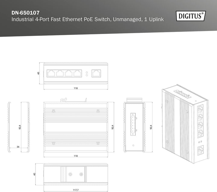 DIGITUS PoE Netzwerk-Switch - 5-Port Fast Ethernet - DIN-Rail Montage - Klemmleiste - Lüfterlos - Sc