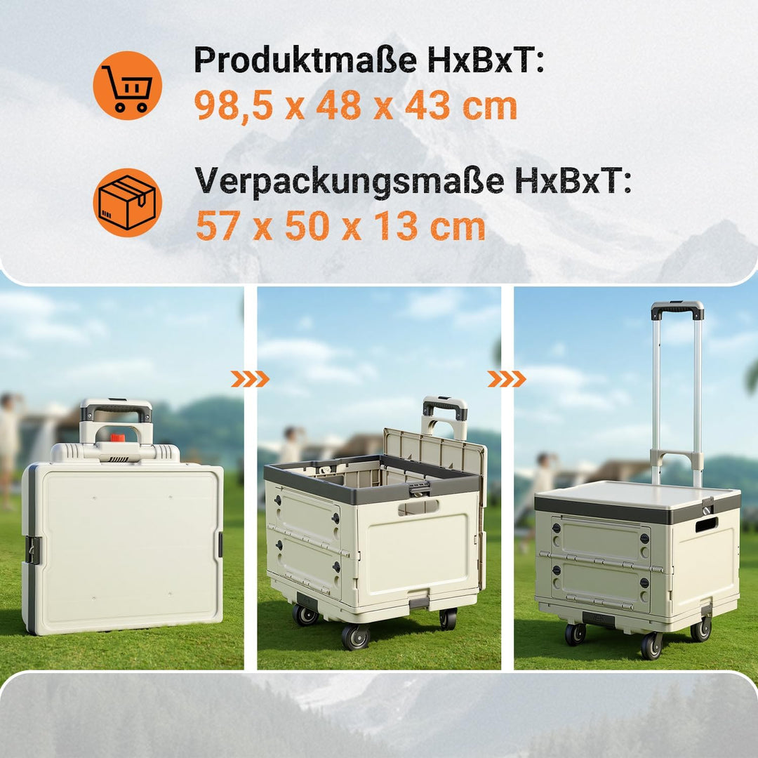 48L Einkaufstrolley klappbar 3-in-1 Boxwagen Beige | Alu+PP, 48L Boxvolumen, 3-in-1 als Plattformwag