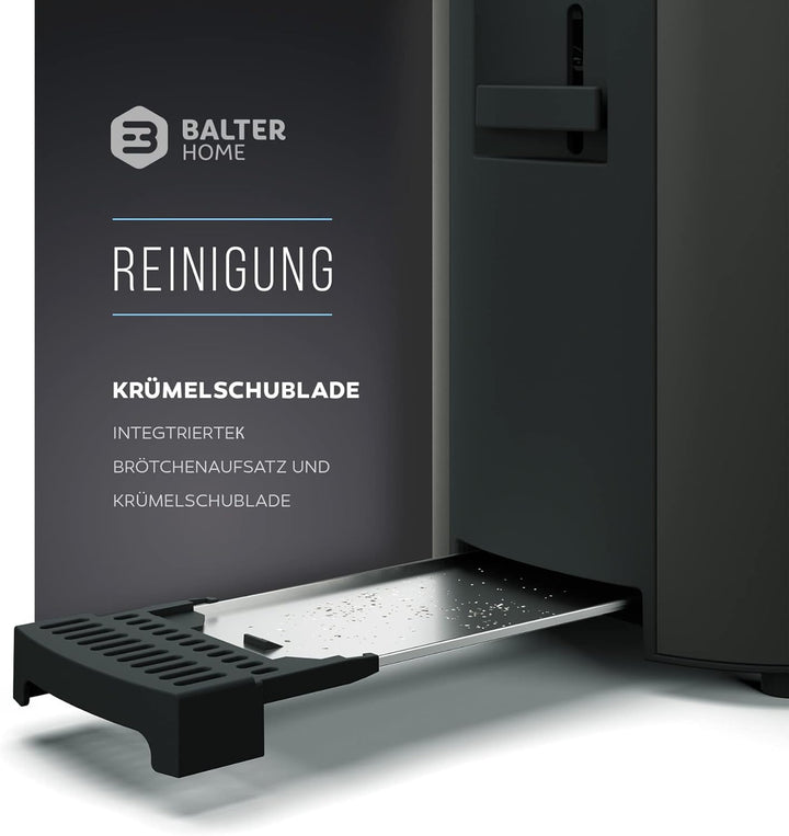 Balter Toaster 4 Scheiben, Langschlitz, Edelstahl, Brötchenaufsatz, LCD Display mit Restzeitanzeige,